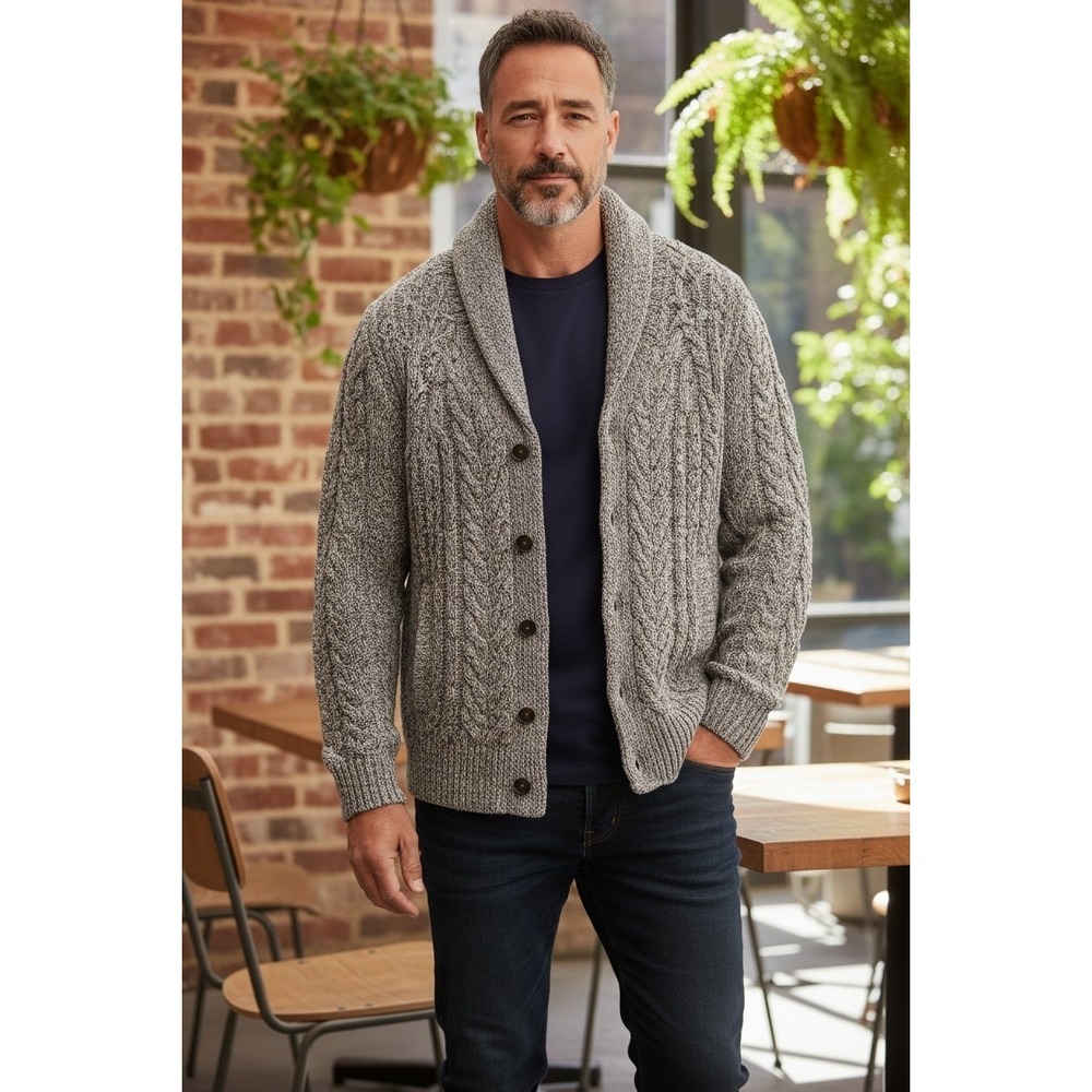 Banana Republic Mens Tan/Brn Italian Yarn Cable Knit Shawl Collar Cardigan